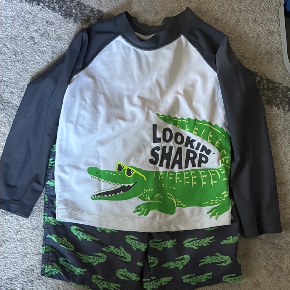 Kids Swim Set with Alligator Print - Green and Gray